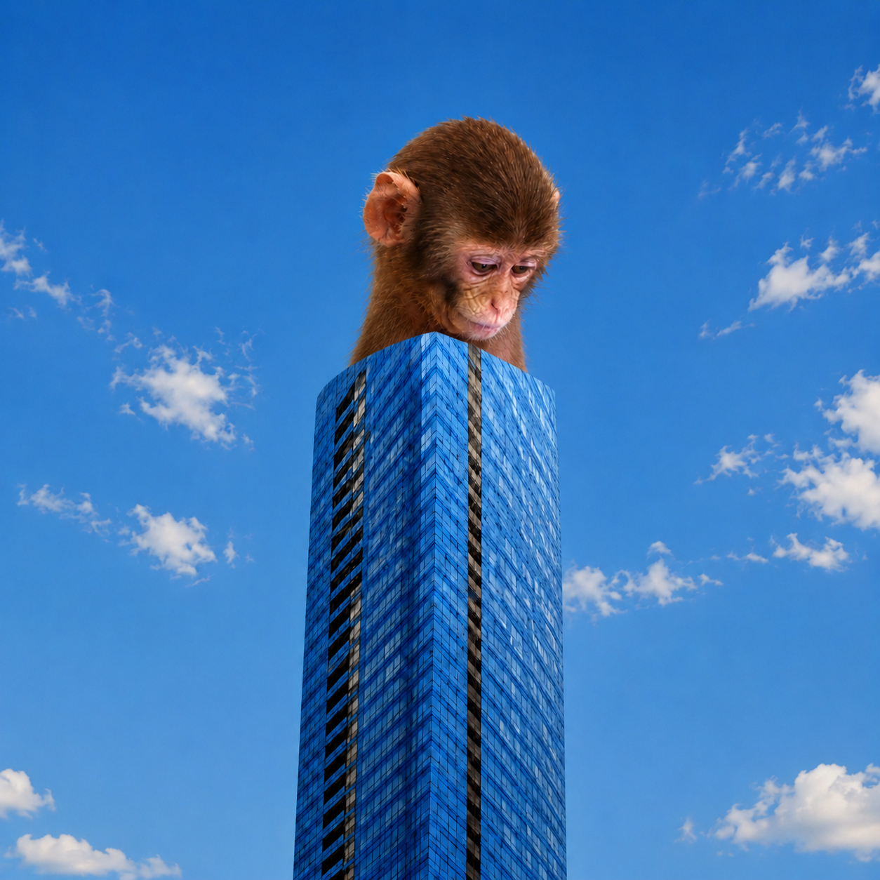 A young ape looking down from the top of a blue glass skyscraper